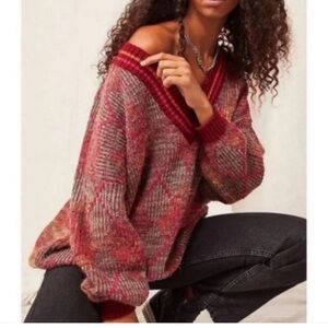 Free People Silverstone Pink and Red Argyle Sweater